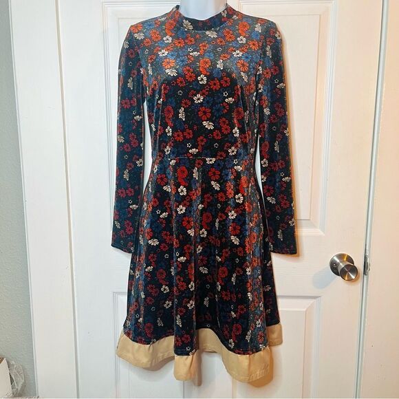 Topshop Mockneck Navy Floral Velvet Dress Long Sleeves A-Line Fit and Flare 4 - Picture 3 of 10